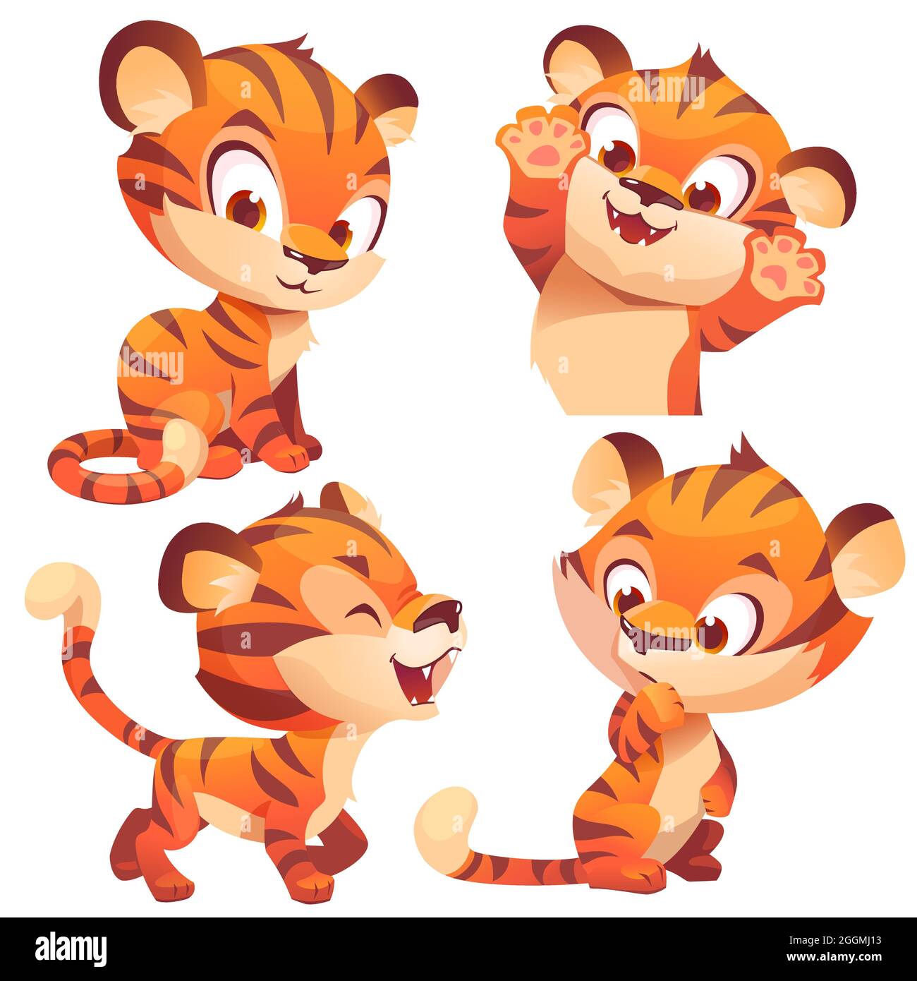 Cute cub tiger, cartoon animal cub character, kawaii mascot roar, think, playing, smile and waving paws. Cute cub tiger, cartoon animal cub character, kawaii mascot roar, think, playing, smile and waving paws.