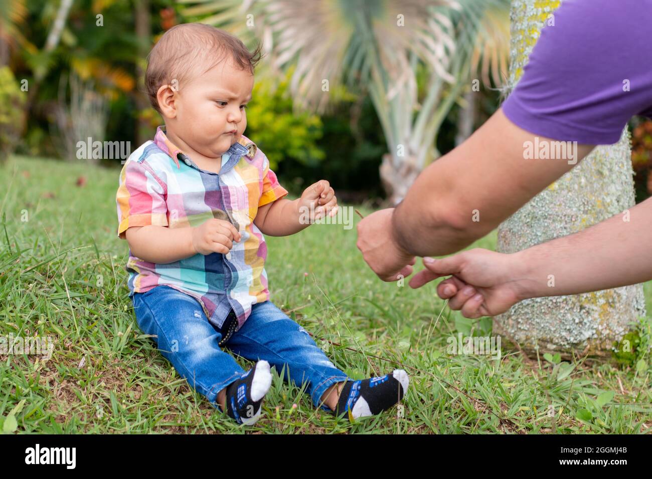 Baby playing in a garden full of nature with her father Stock Photo