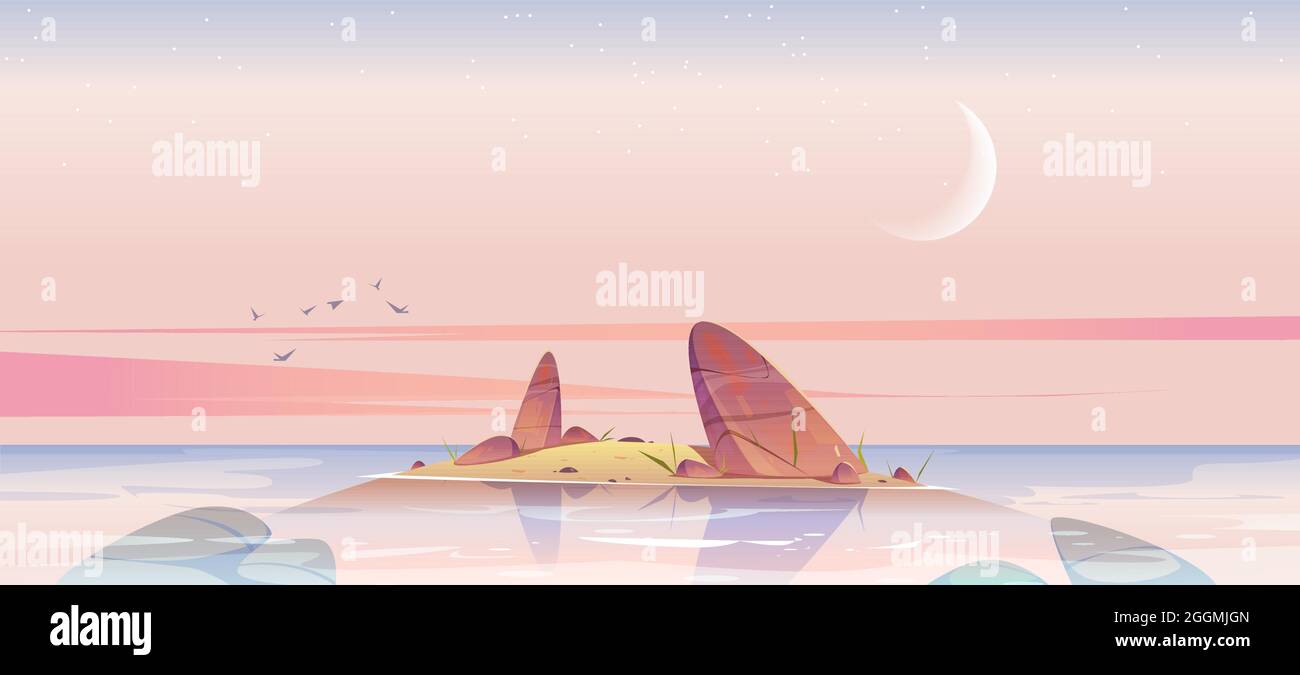 Sea Beach And Small Island In Water With Rocks In Morning Vector Cartoon Landscape Of Ocean