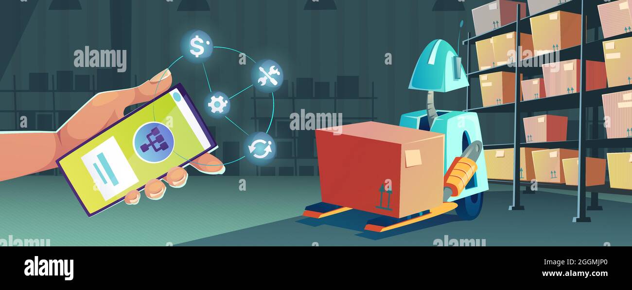 Smart technologies in warehouse with smartphone app for control robot.  Vector cartoon illustration of robotic storehouse with cardboard boxes,  automated loader machine and hand with mobile phone Stock Vector Image &  Art -