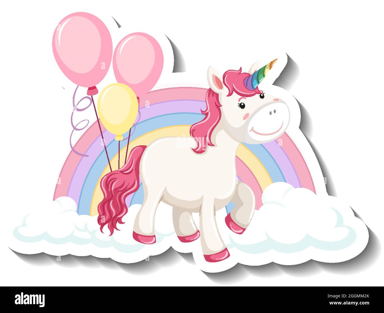 Cute unicorn with rainbow and clouds on white background illustration ...