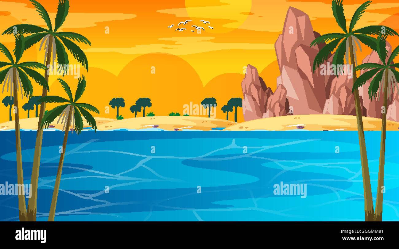 Tropical beach landscape scene at sunset time illustration Stock Vector ...
