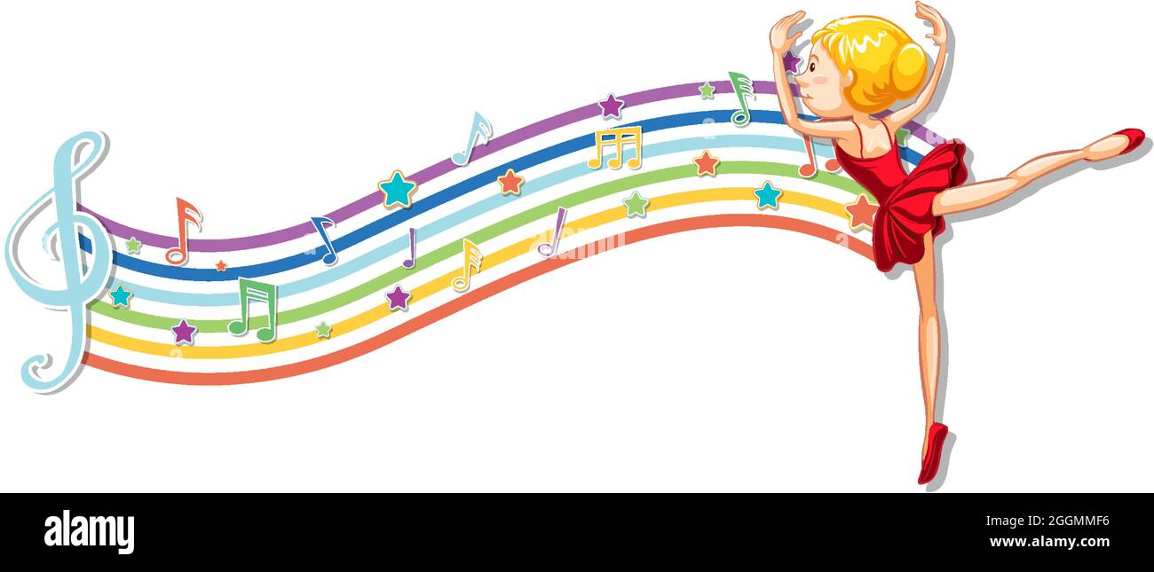 Ballerina with melody symbols on rainbow wave illustration Stock Vector ...