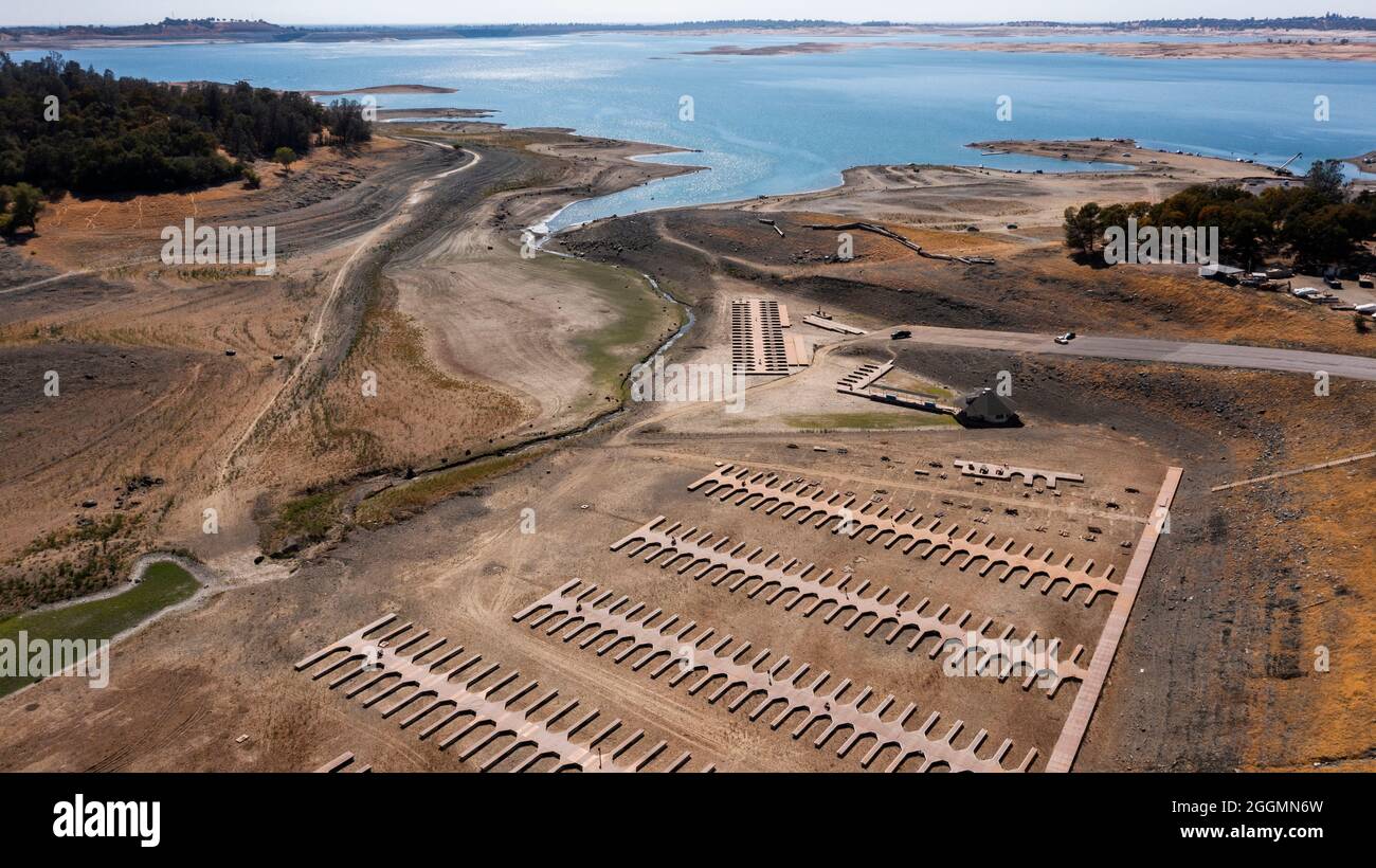 Aerial view of the severe drought conditions of Folsom Lake, a