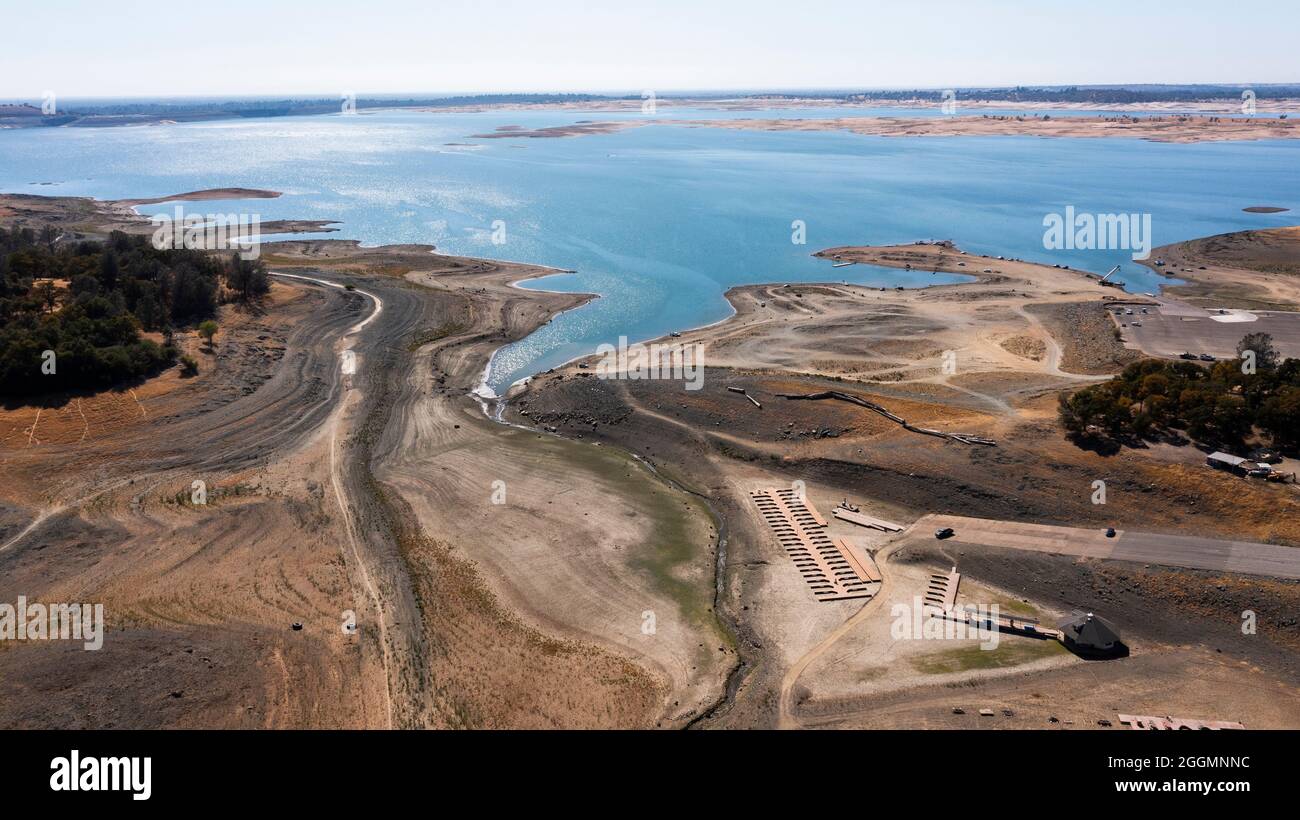 Aerial view of the severe drought conditions of Folsom Lake, a