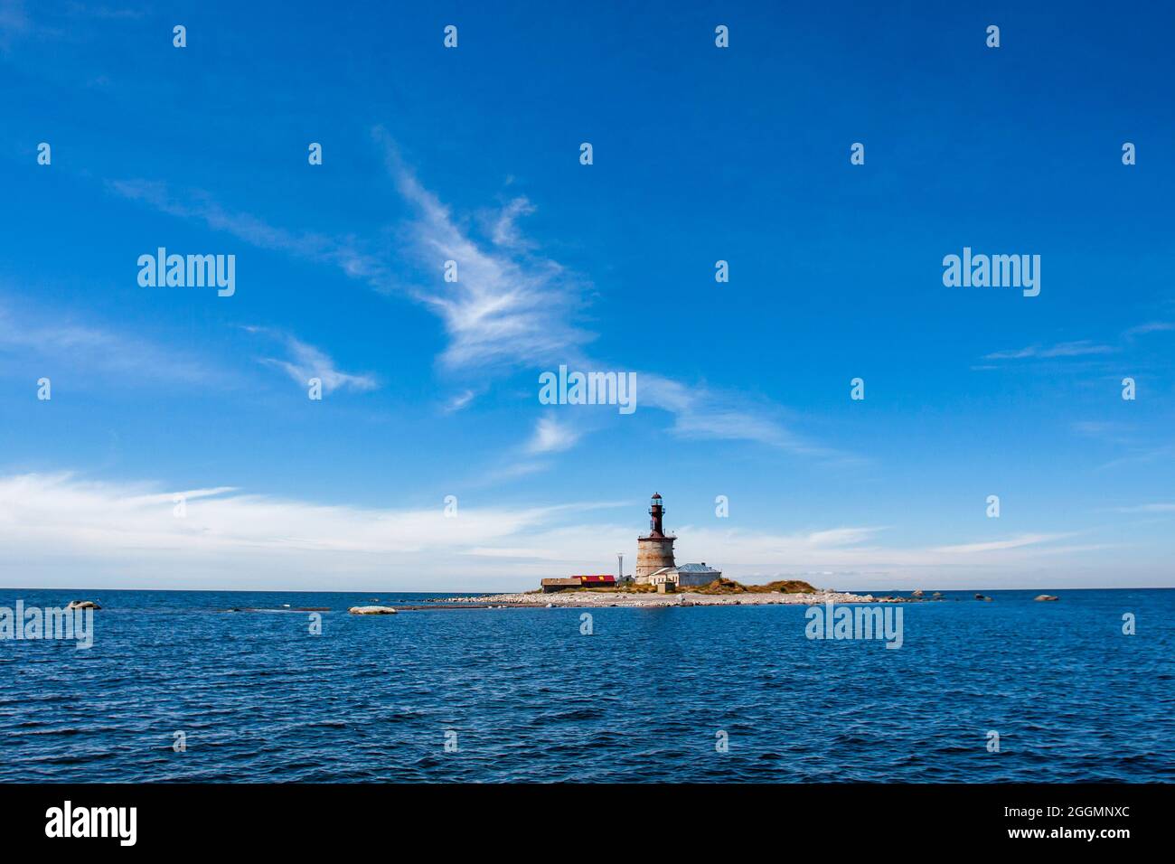 Buildings and the lighthouse on small remote Keri island at the Baltic Sea in Estonia, Europe Stock Photo