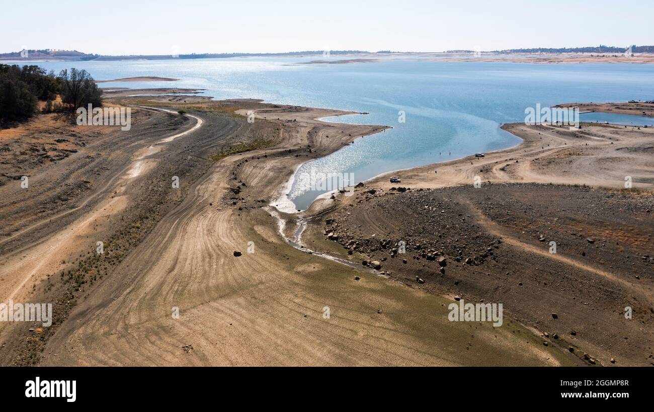 Aerial view of the severe drought conditions of Folsom Lake, a