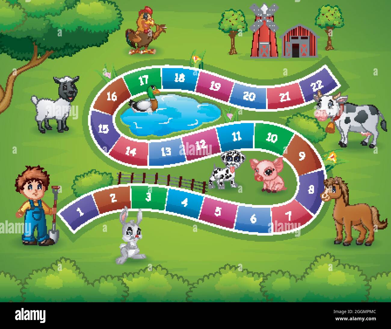 Snakes and ladders game farm theme Stock Vector
