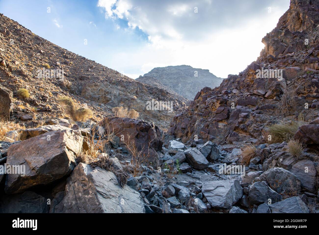 Stony, dry riverbed (wadi) with remains of raw ore of copper, green stones and rocks, Copper Hike Trail, Hatta, Hajar Mountains, UAE. Stock Photo