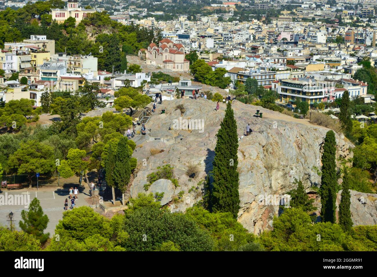 A view of the Areopagus or Mars Hill from the Acropolis in Athens, Greece Stock Photo