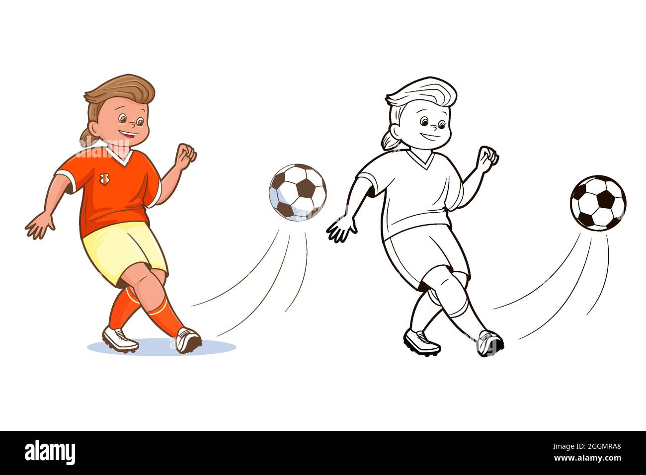 Coloring book, Teenage soccer players kicks soccer ball.Vector illustration in flat cartoon style, comic Stock Vector