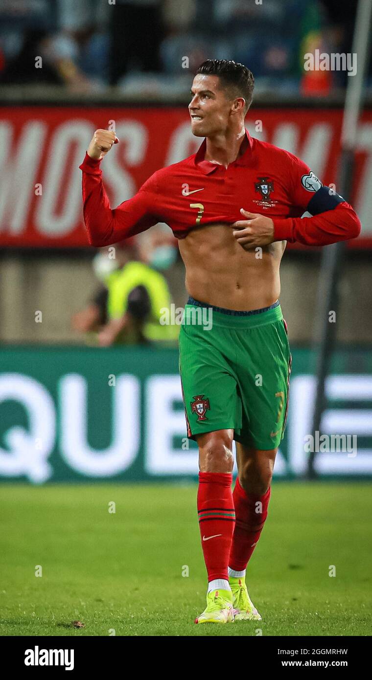 Cristiano Ronaldo celebrates during the FIFA World Cup Qatar 2022 European qualifying round group A football match between Portugal and Republic of Ireland at the Algarve stadium in Loule, near Faro, southern