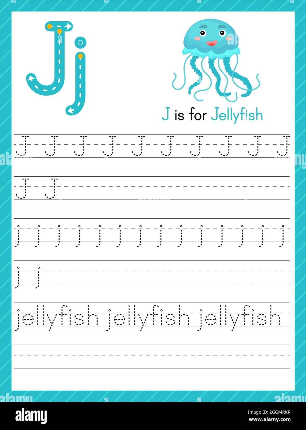 Trace letter J uppercase and lowercase. Alphabet tracing practice preschool worksheet for kids learning English with cute cartoon animal. Activity pag Stock Vector