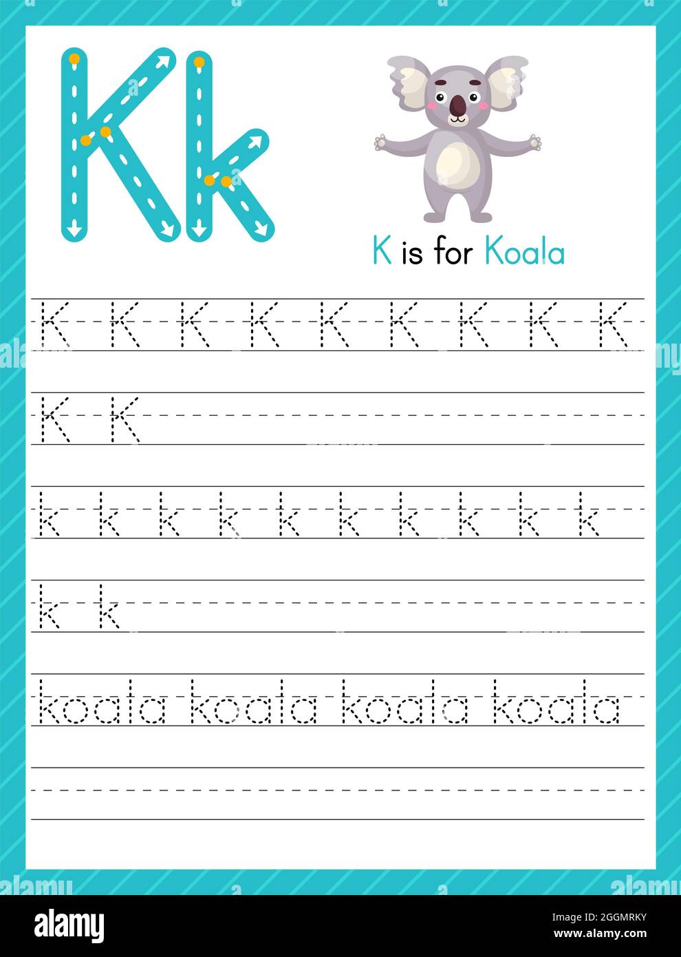 trace letter k uppercase and lowercase alphabet tracing practice preschool worksheet for kids learning english with cute cartoon animal activity pag stock vector image art alamy