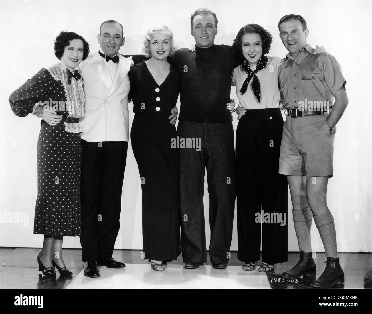 GRACIE ALLEN LEON ERROL CAROLE LOMBARD BING CROSBY (with taped back ears) ETHEL MERMAN and GEORGE BURNS publicity portrait for WE'RE NOT DRESSING 1934 director NORMAN TAUROG inspired by J.M. Barrie's The Admirable Crichton costume design Travis Banton Paramount Pictures Stock Photo