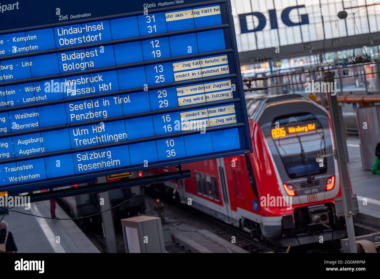 Munich, Germany. 02nd Sep, 2021. A large display board hangs in front of a  Deutsche Bahn train at the main station. Due to a strike of the train  drivers' union (GdL), trains