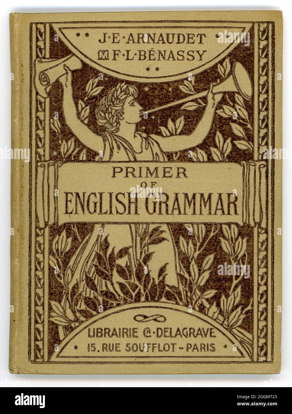 Original antique French textbook with typical beautiful art nouveau embossed illustration, entitled Primer of English Grammar. By J.E. Arnaudet,  F.L.Benassy, Published by Librairie Ch. Delagrave, Paris, France, circa 1915 Stock Photo