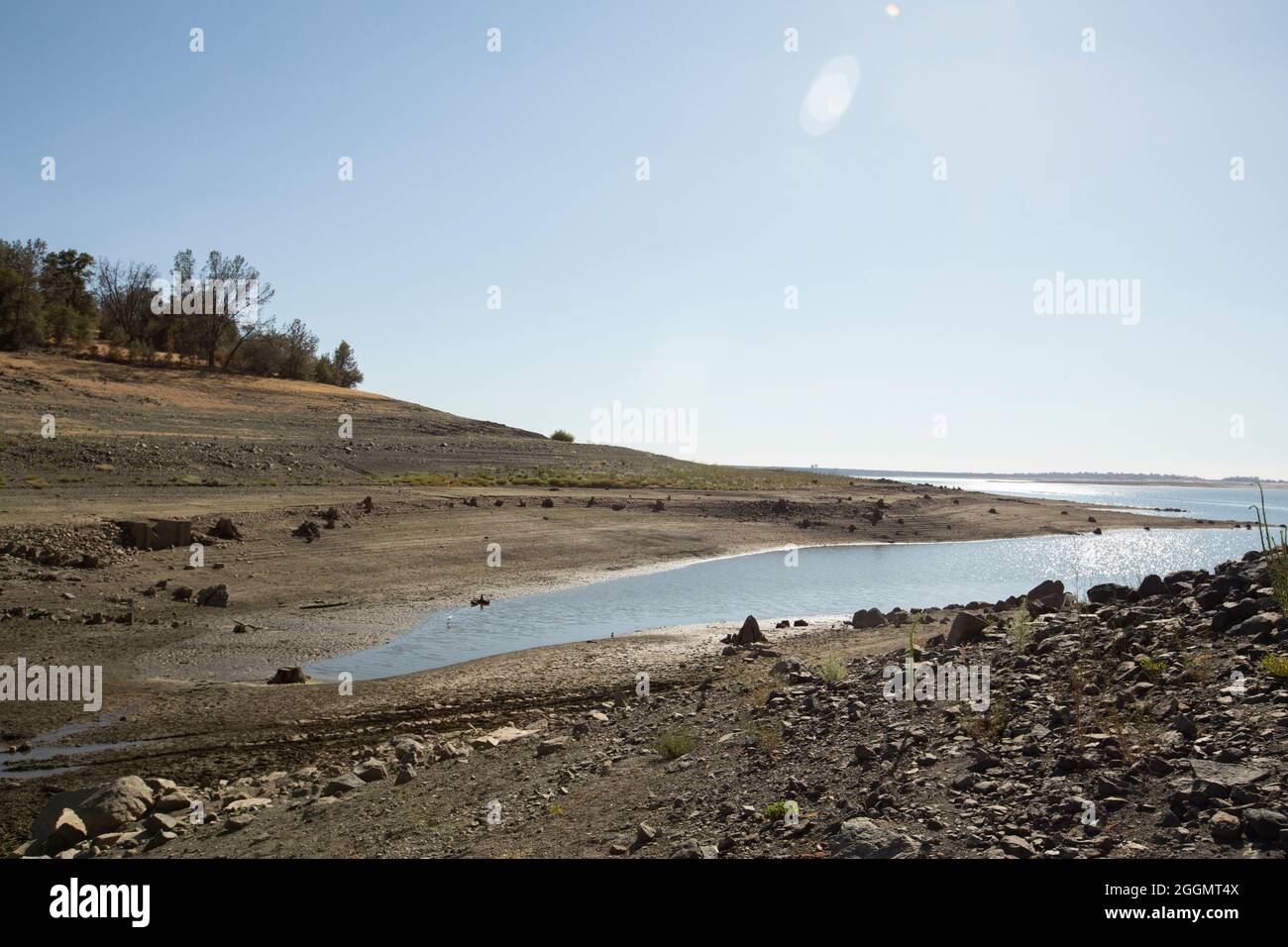 Daytime view of the severe drought conditions of Folsom Lake, a