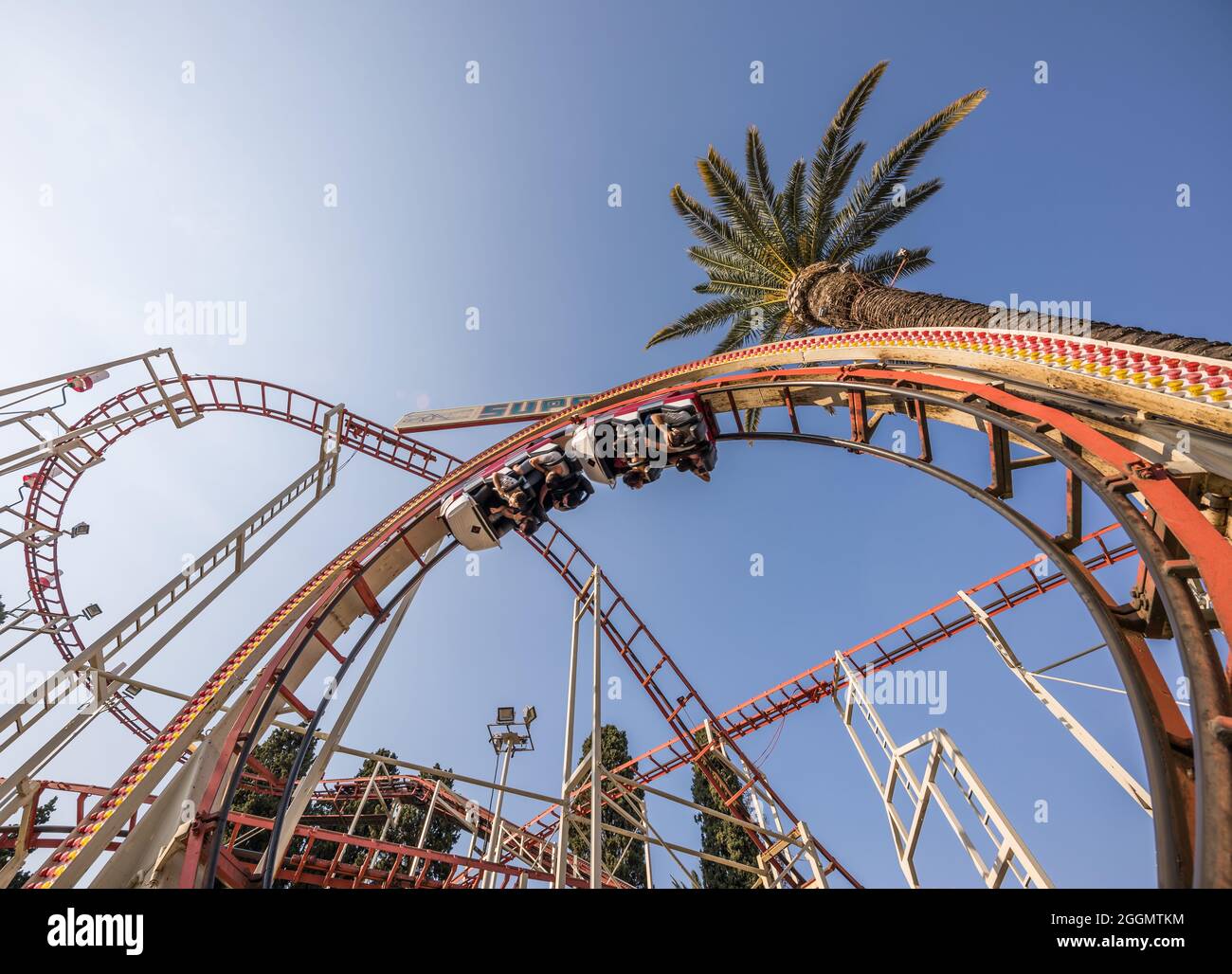 an aite roller coaster with wide angle recorded during looping Stock Photo