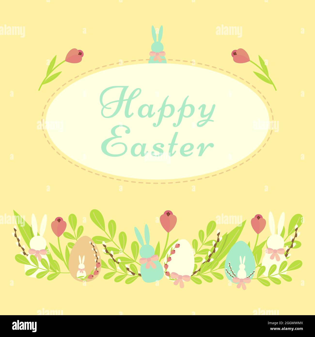 Festive happy Easter card with the inscription, decorated with doodles, egg, rabbit, on a yellow background Stock Vector