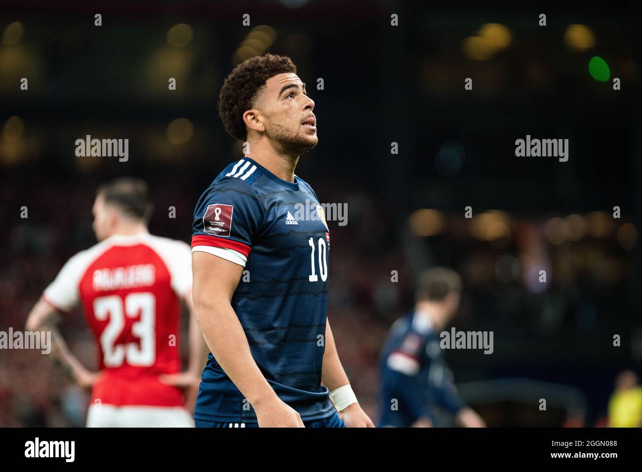 Copenhagen, Denmark. 01st Sep, 2021. Che Adams (10) of Scotland seen during the UEFA World Cup qualifier between Denmark and Scotland at Parken in Copenhagen. (Photo Credit: Gonzales Photo/Alamy Live News Stock Photo