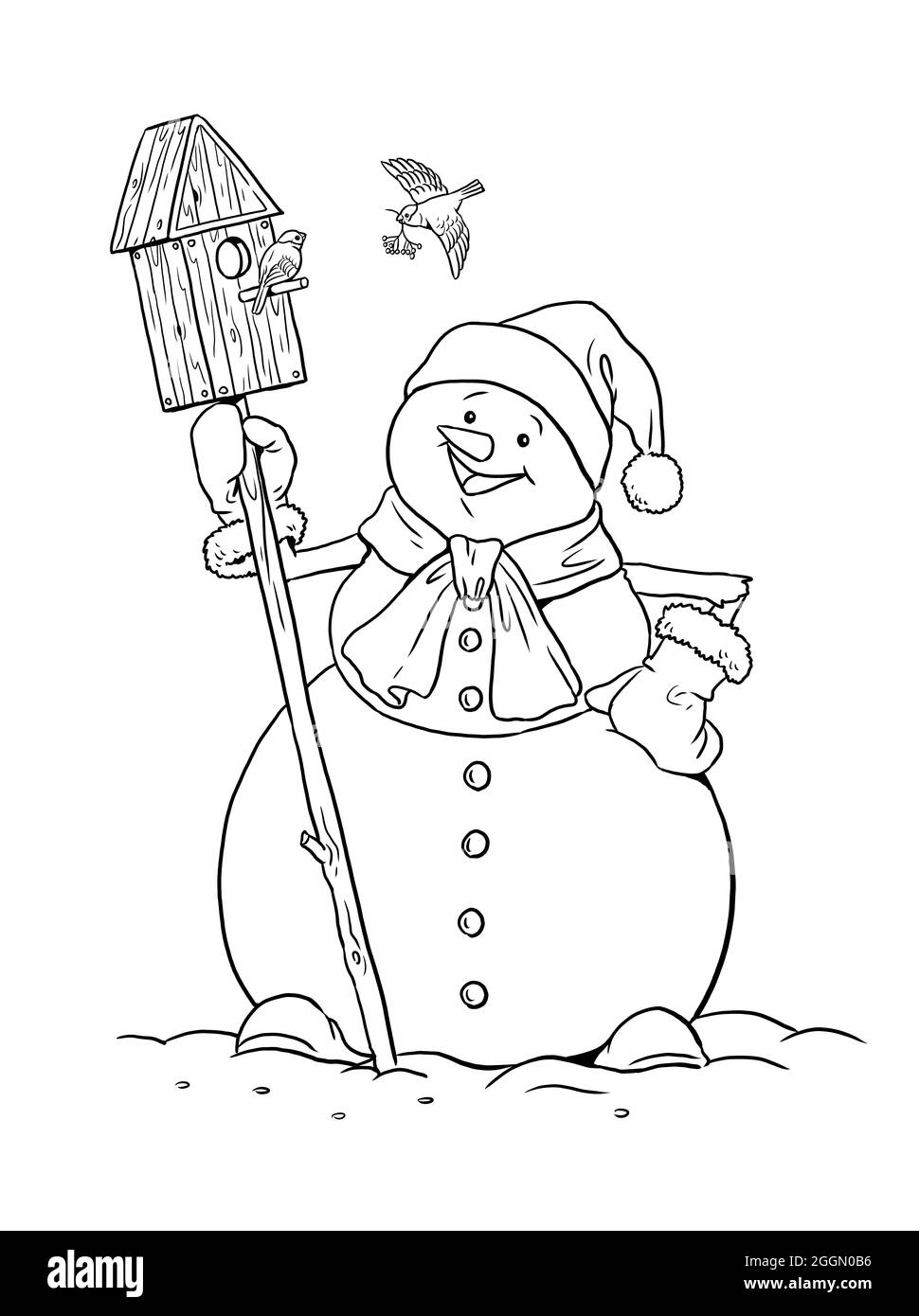 Funny snowman for coloring. Santa Claus friend wishes Merry Christmas. Digital drawing. Stock Photo