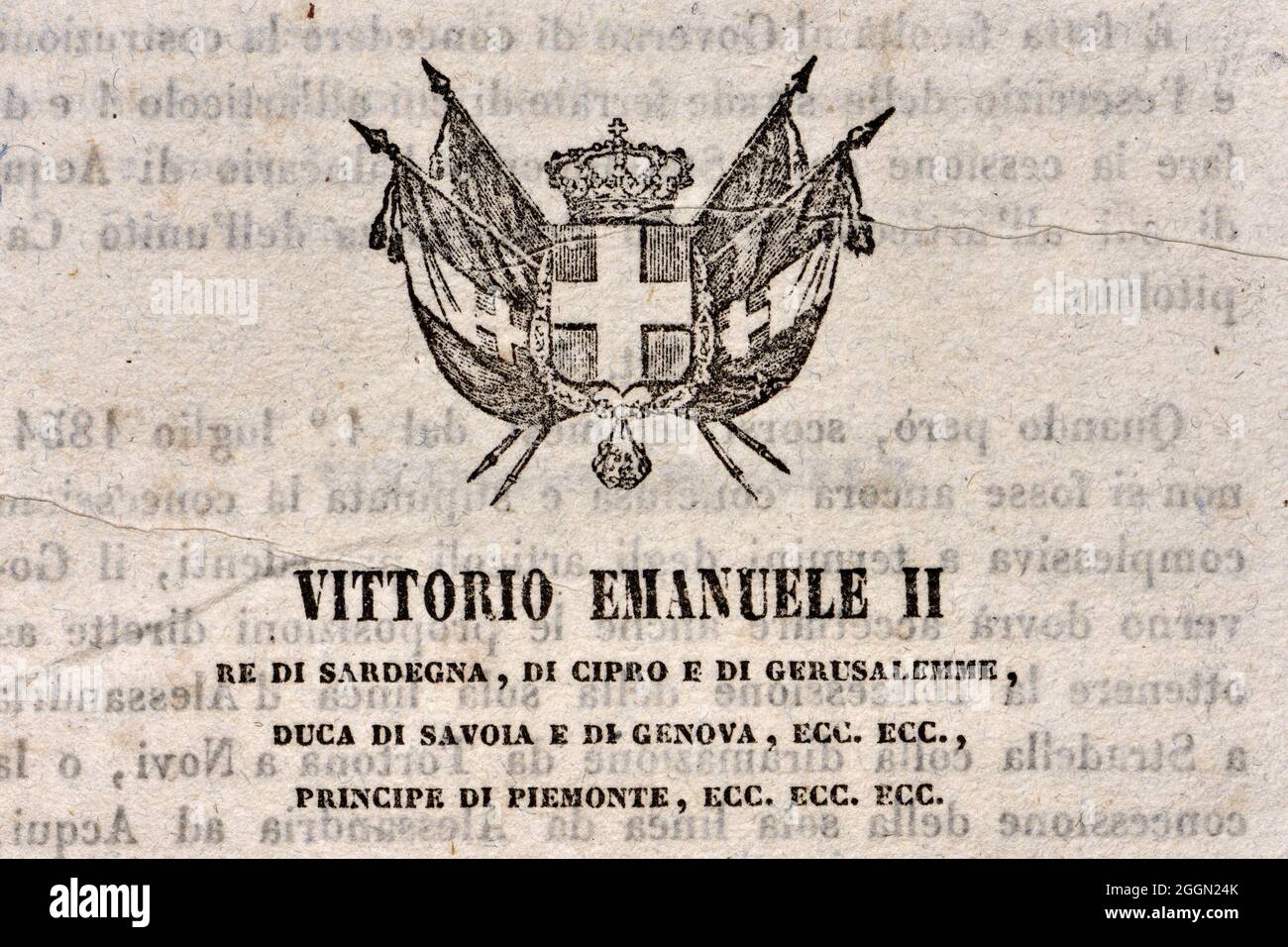 Italian document from King Victor Emmanuel II announcing new laws passed by the Senate and the Chamber of Deputies. Detail of front page Stock Photo