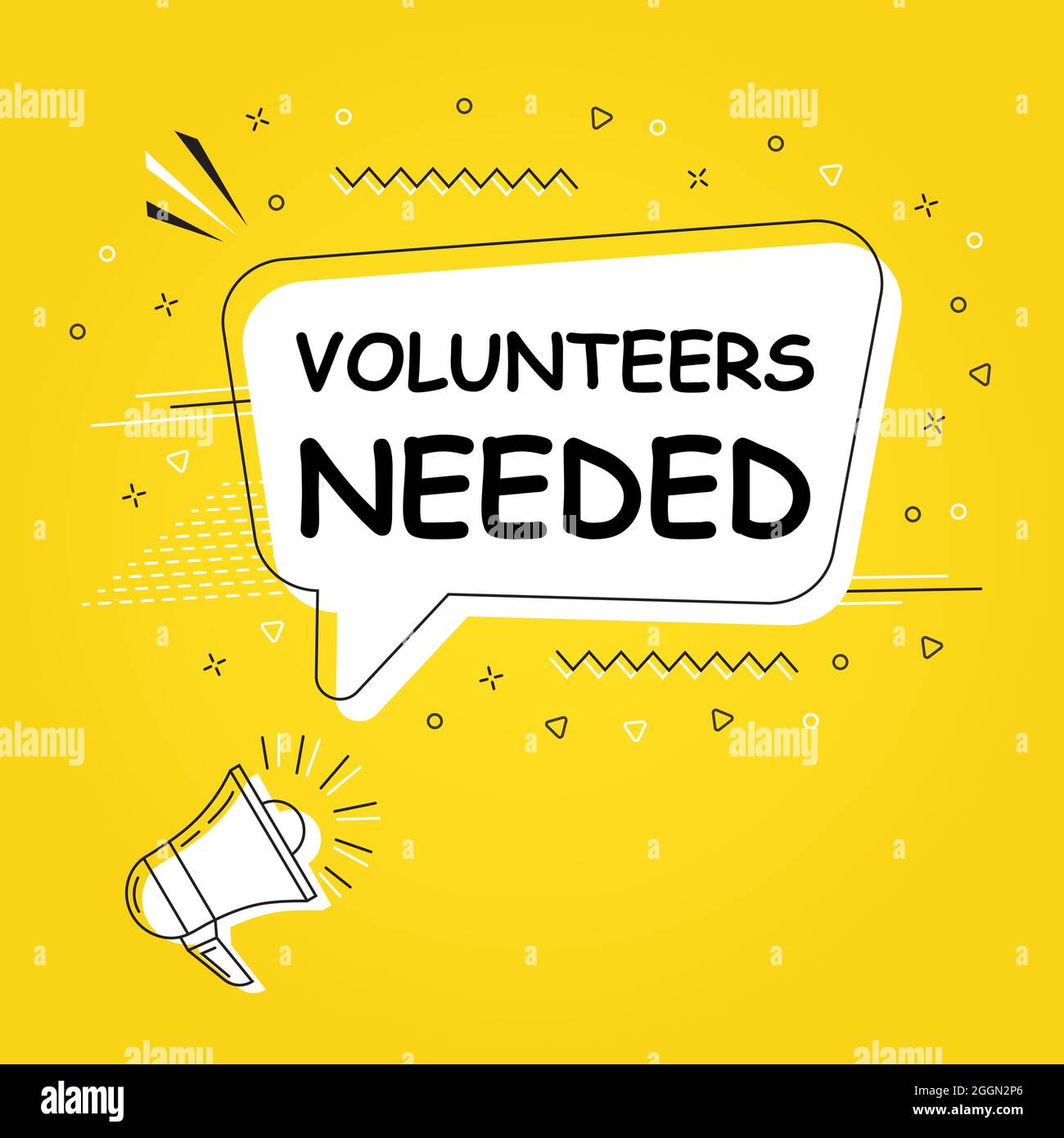 Volunteers needed in bubble vector on bright yellow background. Comic ...