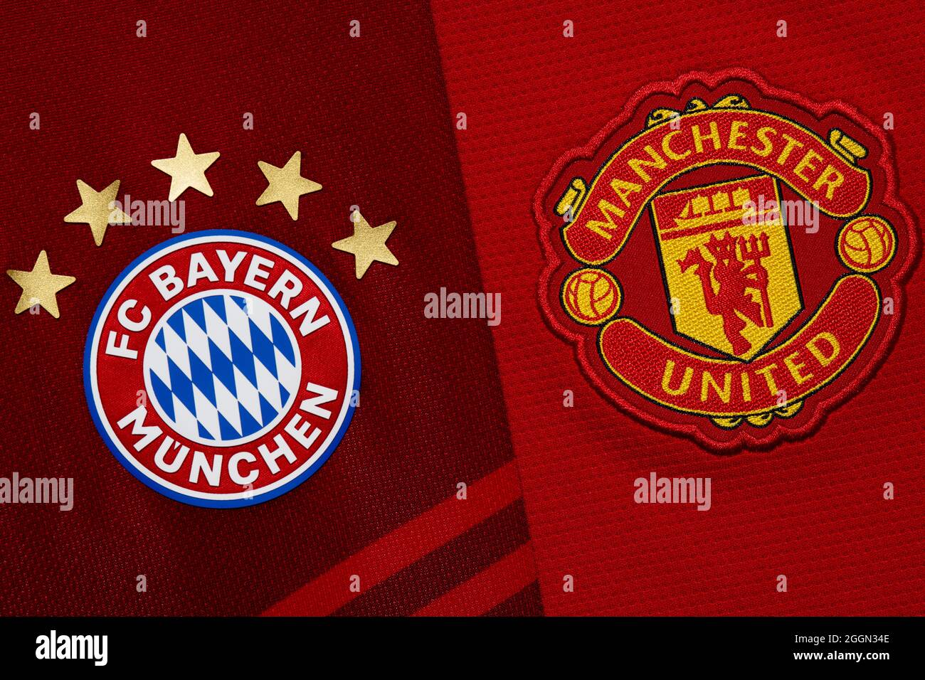Close up of Manchester United & Bayern Munich club crest Stock Photo
