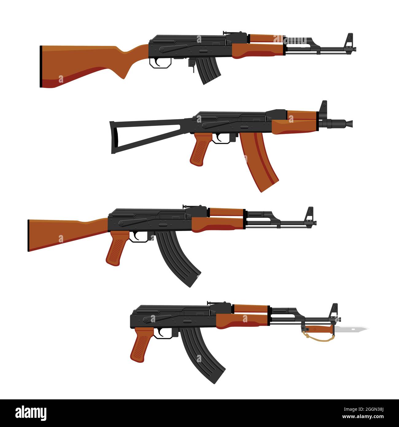 Weapon collection. Vector illustration AK Kalashnikov machine gun types isolated on white background. AK, AKM, AKS Stock Vector