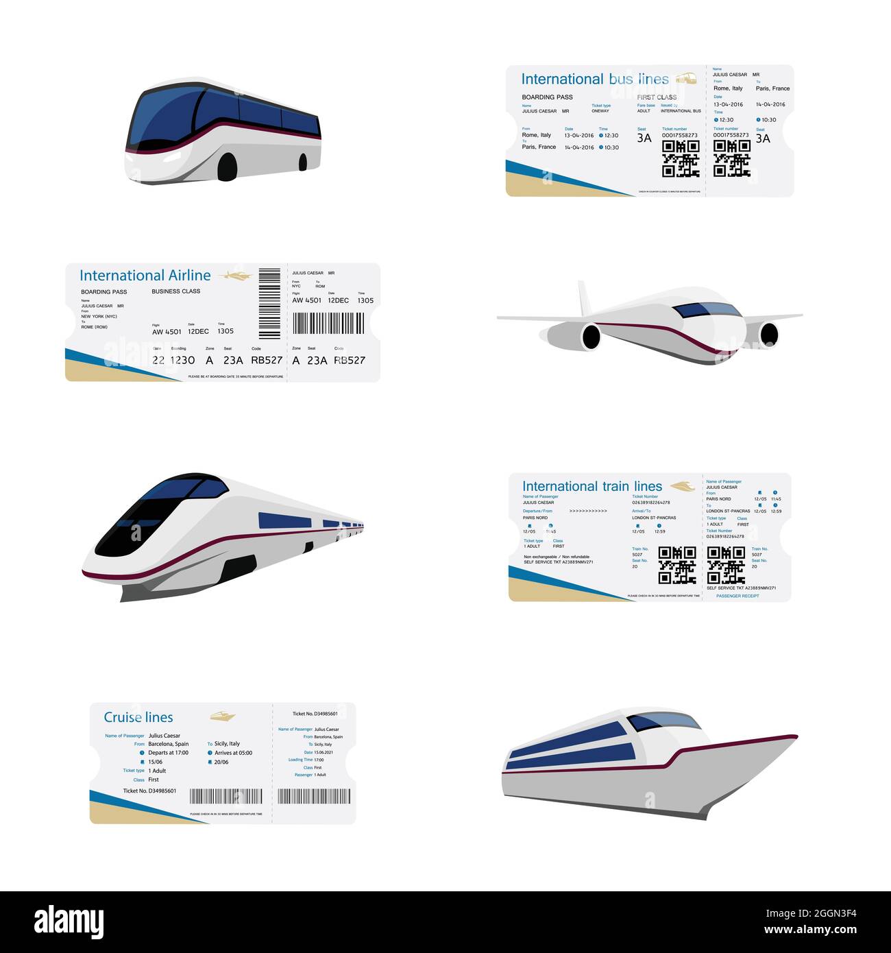 World travel and tourism concept. Ticket with QR code, boarding pass ticket template design. Bus, air, train and cruise lines. Vector Stock Vector