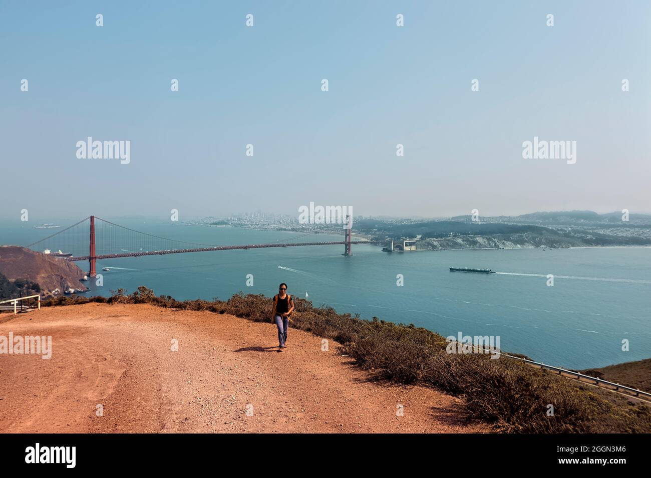 Walking above the Golden Gate Bridge, Hawk Hill, San Francisco, California, U.S.A Stock Photo