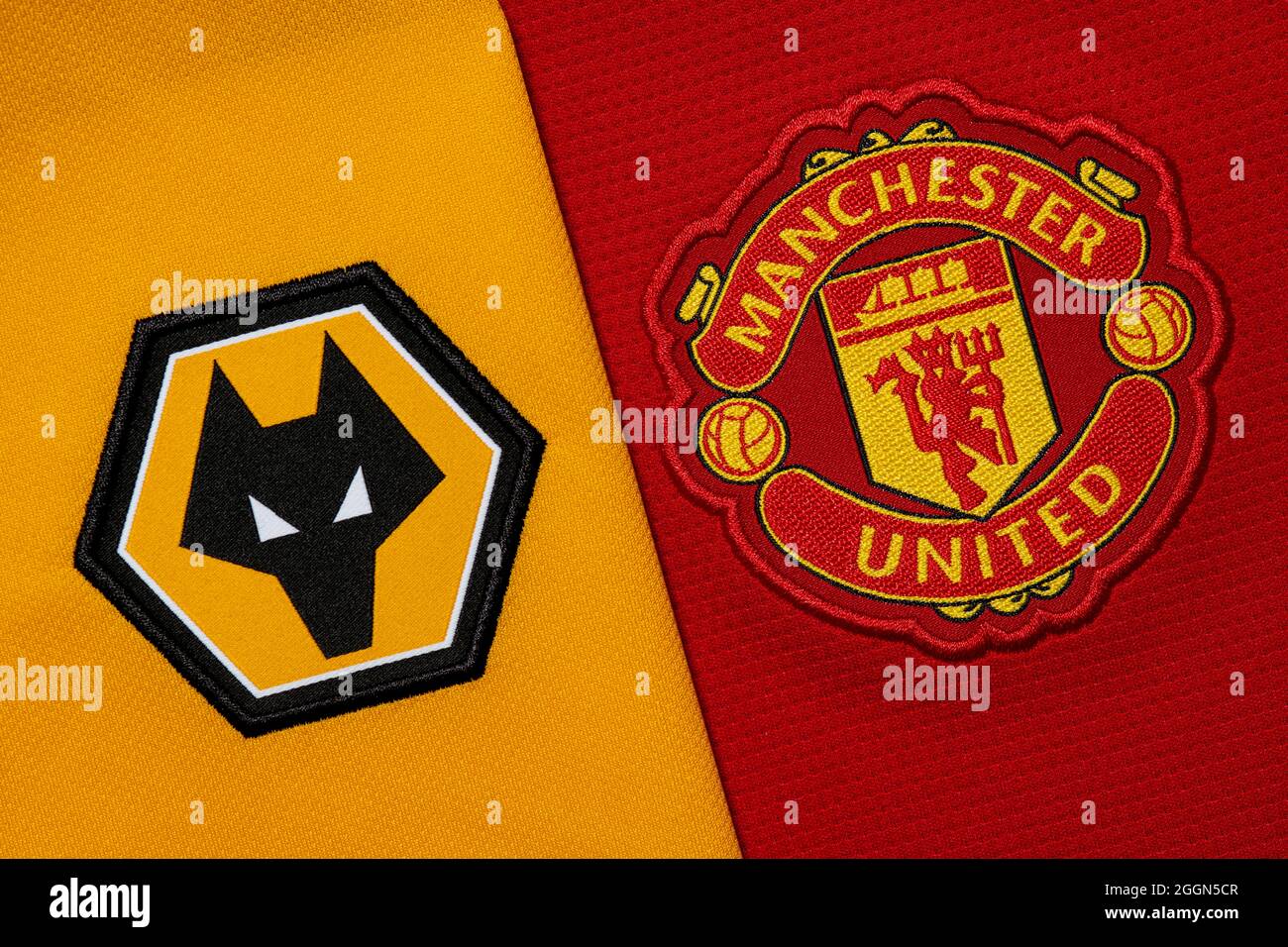 Close Up Of Manchester United Wolverhampton Wanderers Club Crest Stock Photo Alamy