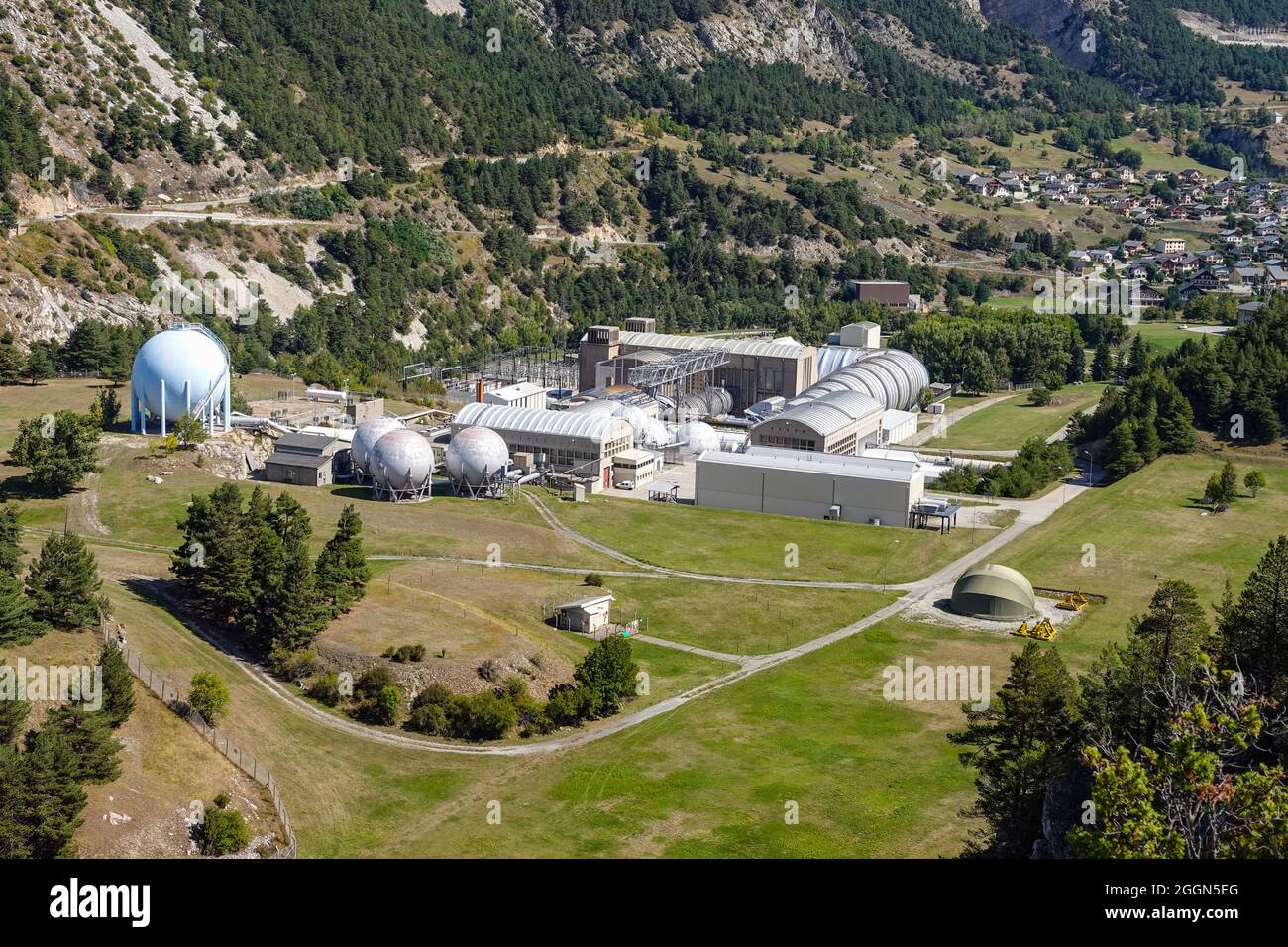 Mavic drone photograph of ONERA, the French Aerospace Lab, in the Maurienne Valley, French Alps, France Stock Photo