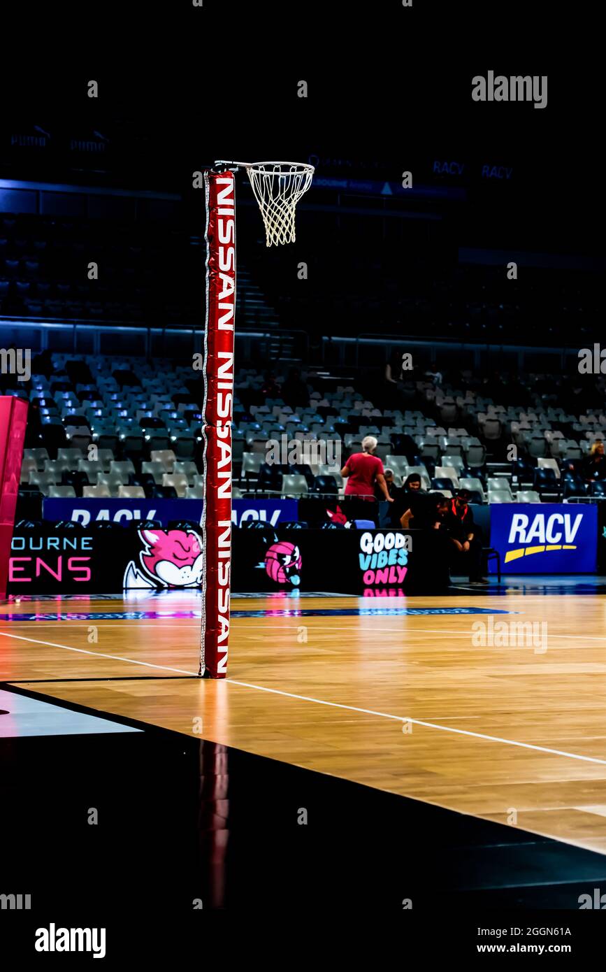 Empty hall before the Suncorp Super Netball 2019 Season Game 1 between Melbourne Vixens and Queensland Firebirds at Melbourne Arena, Melbourne Olympic Park.  Vixens won this home match with the score 73 - 61. Stock Photo