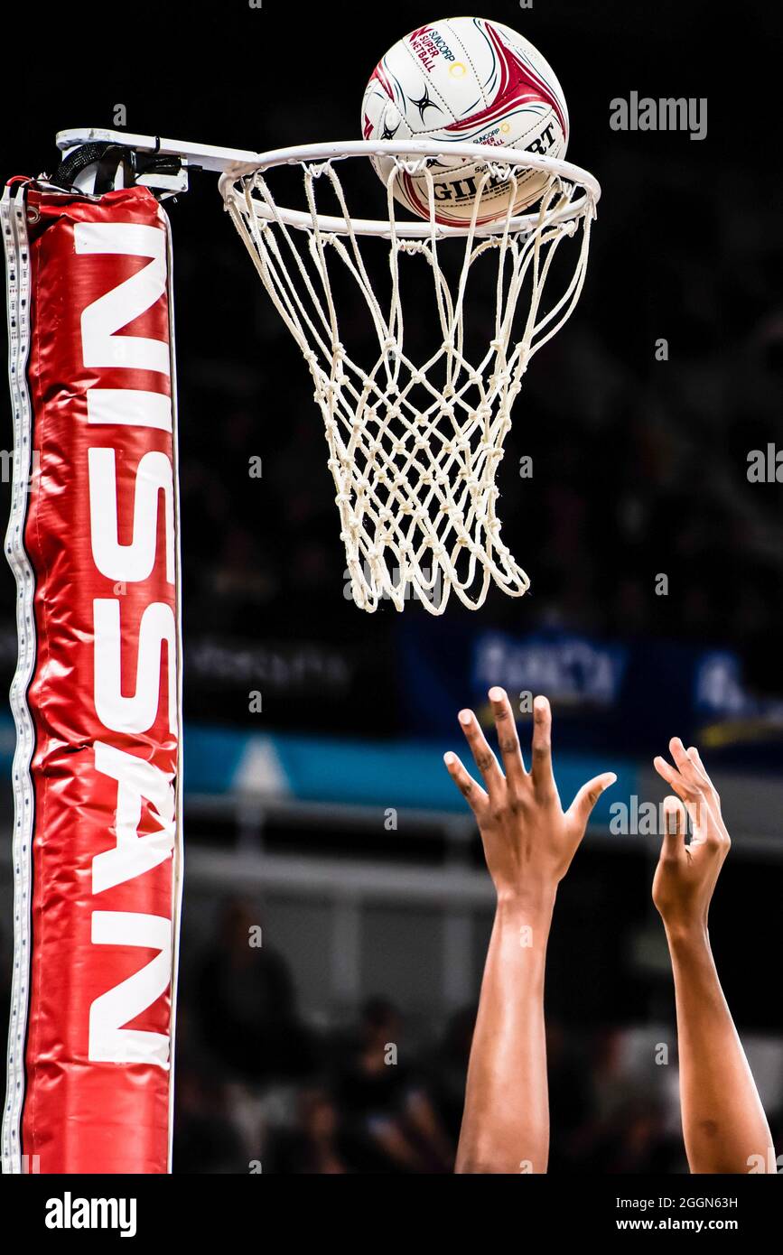 The ball flying into the net, during the Suncorp Super Netball 2019 Season Game 1 between Melbourne Vixens and Queensland Firebirds at Melbourne Arena, Melbourne Olympic Park.  Vixens won this home match with the score 73 - 61. Stock Photo