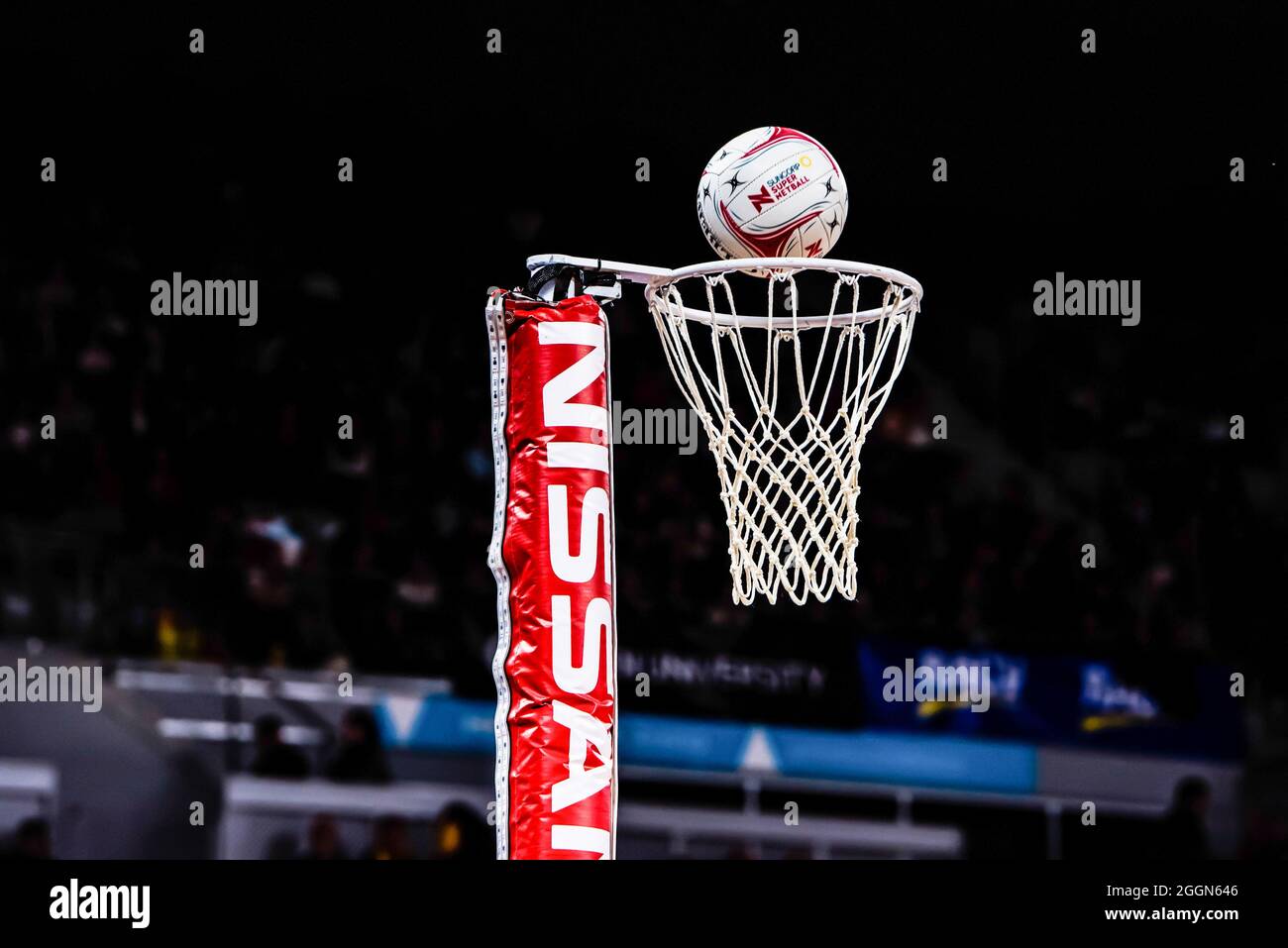 The ball flying into the net, during the Suncorp Super Netball 2019 Season Game 1 between Melbourne Vixens and Queensland Firebirds at Melbourne Arena, Melbourne Olympic Park.  Vixens won this home match with the score 73 - 61. Stock Photo