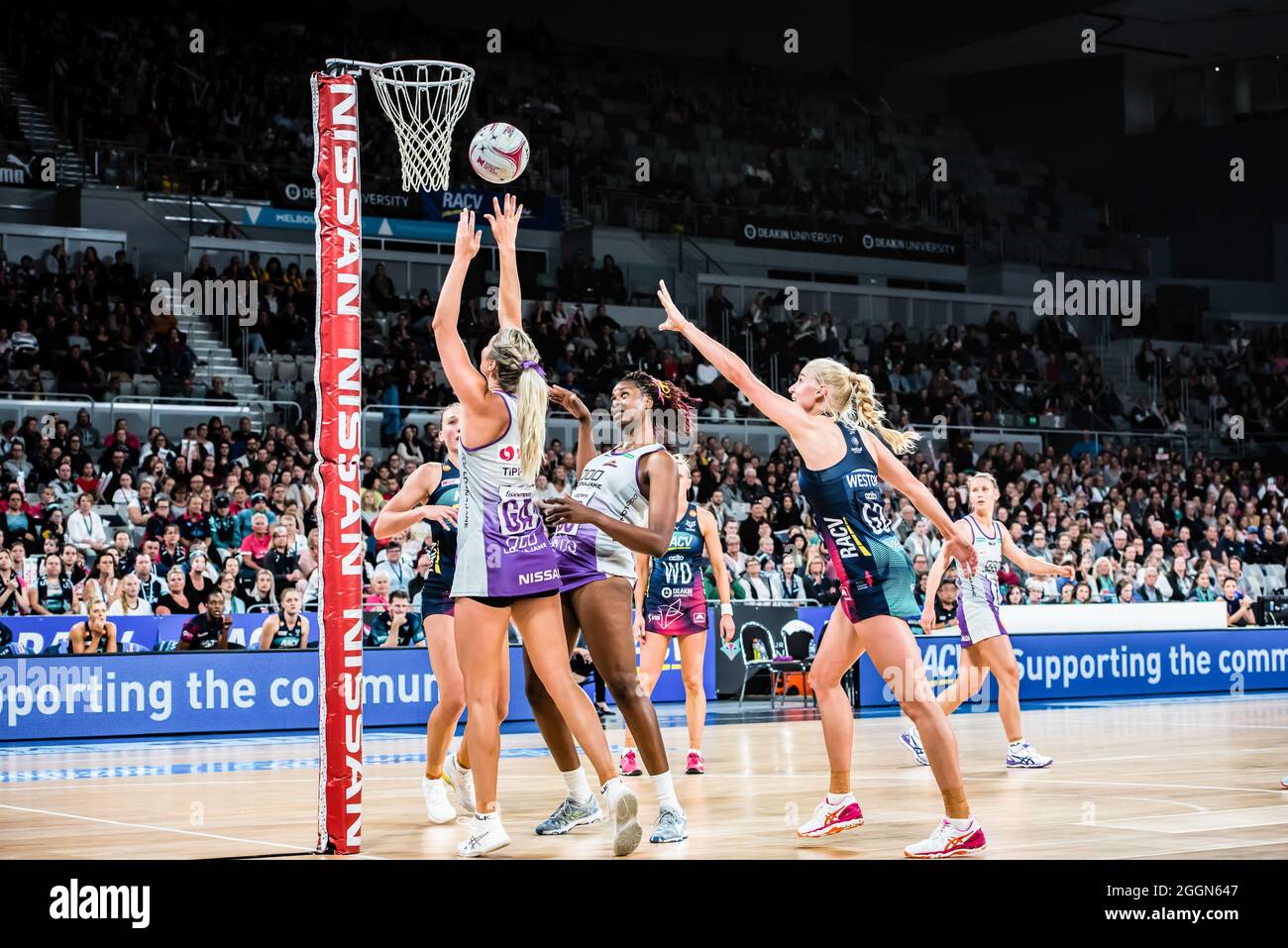 Queensland Firebirds attacking, during the Suncorp Super Netball 2019 Season Game 1 between Melbourne Vixens and Queensland Firebirds at Melbourne Arena, Melbourne Olympic Park.  Vixens won this home match with the score 73 - 61. Stock Photo