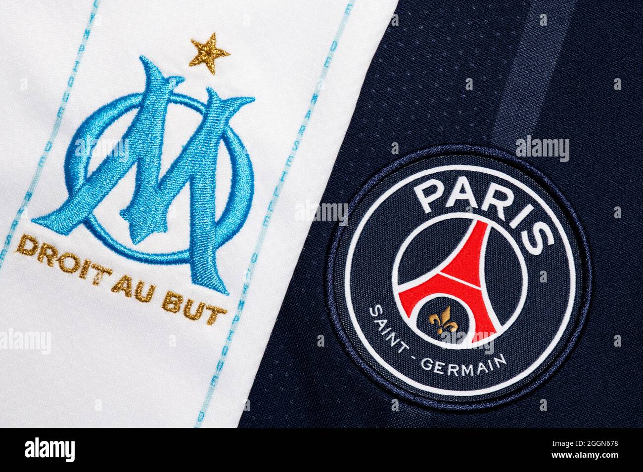 Close up of Marseille & PSG club badge. Stock Photo