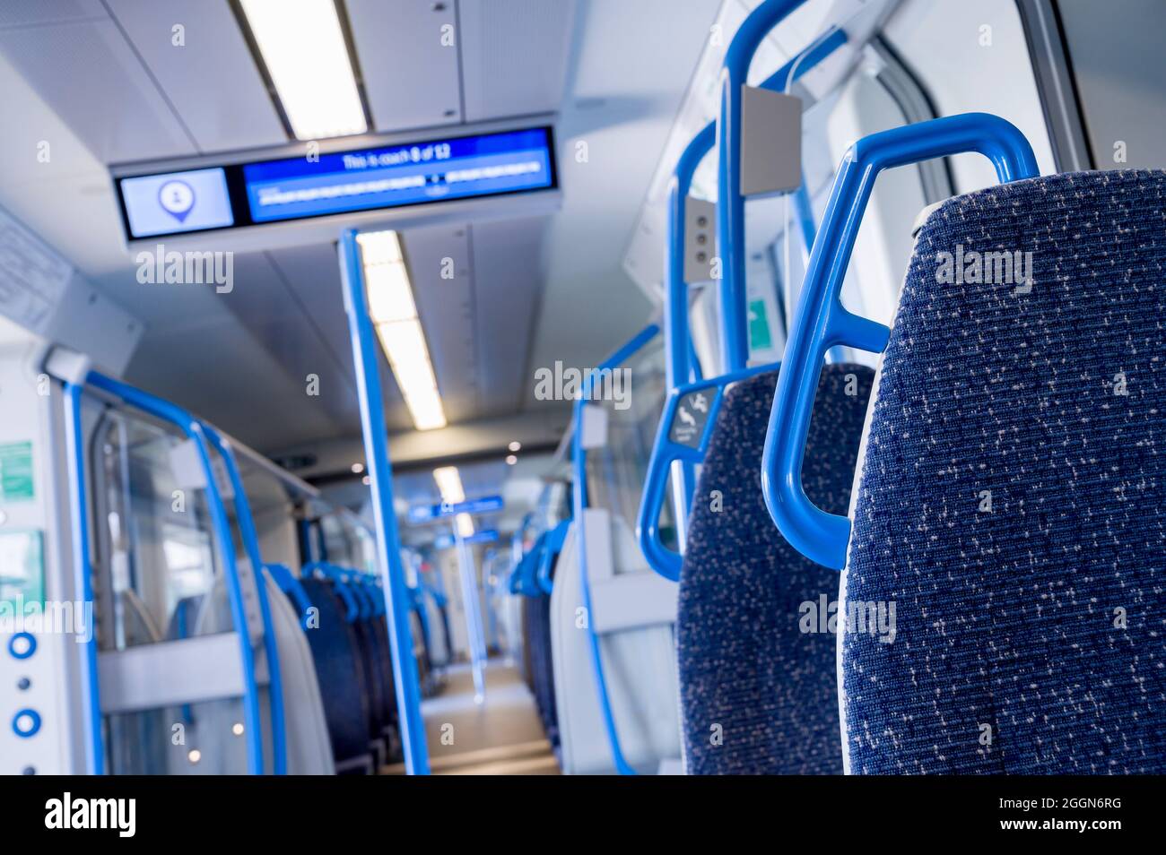 On-board passenger information screen on a class 700 passenger train in the UK. Stock Photo