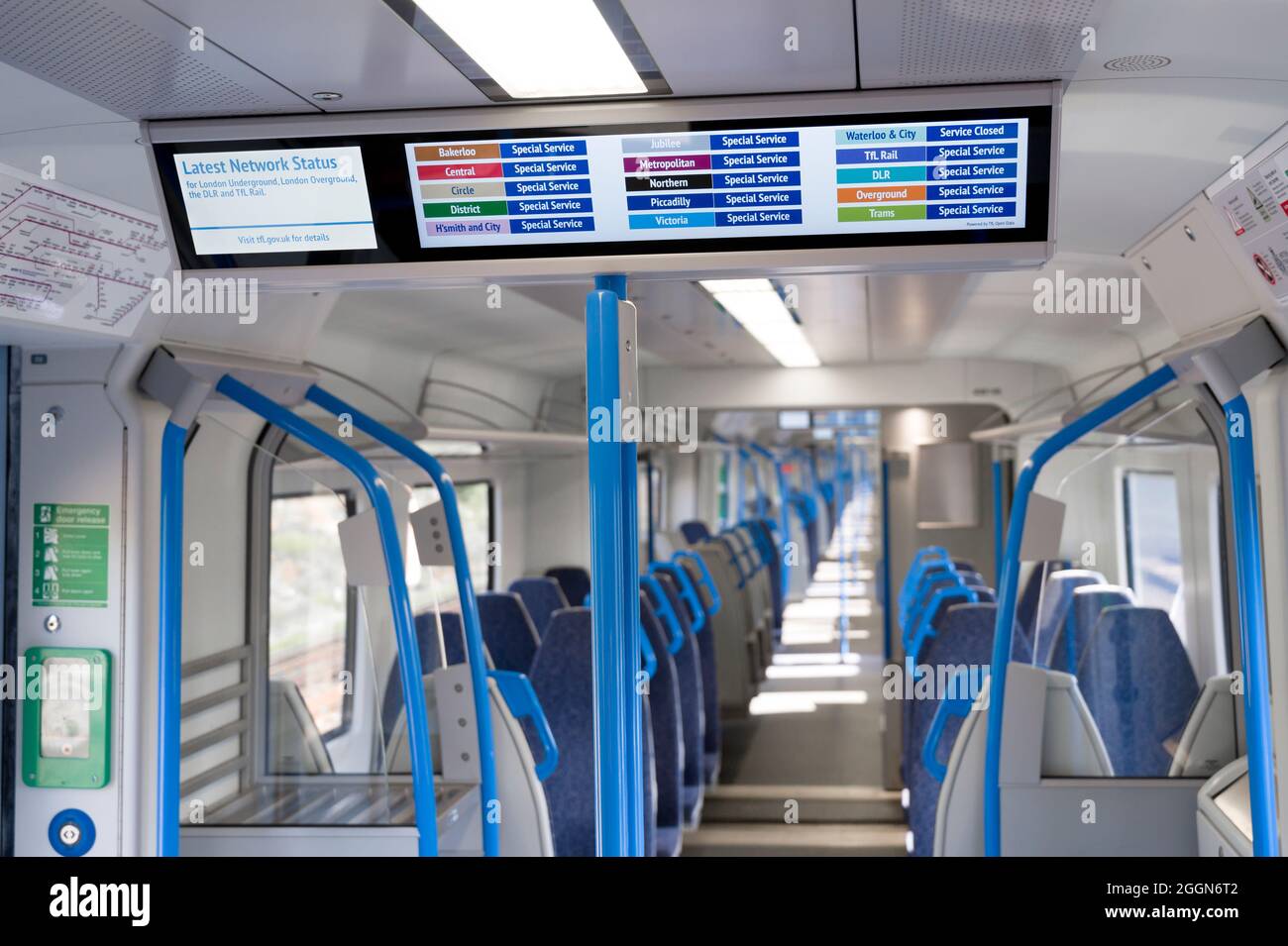On-board passenger information screen on a class 700 passenger train in the UK. Stock Photo