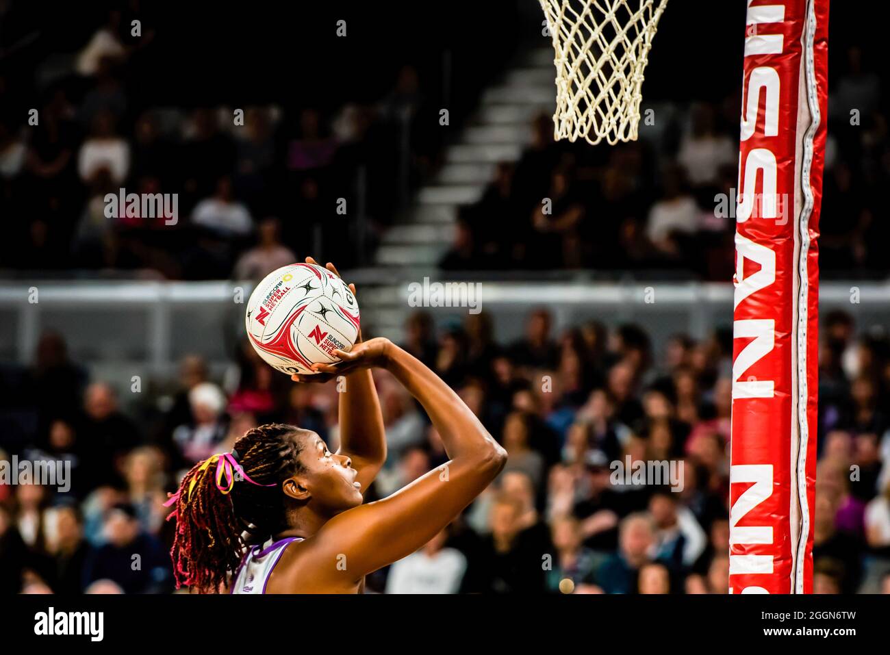 Romelda Aiken taking a goal shot for Queensland Firebirds, during the Suncorp Super Netball 2019 Season Game 1 between Melbourne Vixens and Queensland Firebirds at Melbourne Arena, Melbourne Olympic Park.  Vixens won this home match with the score 73 - 61. (Photo by Alexander Bogatyrev / SOPA Image/Sipa USA) Stock Photo