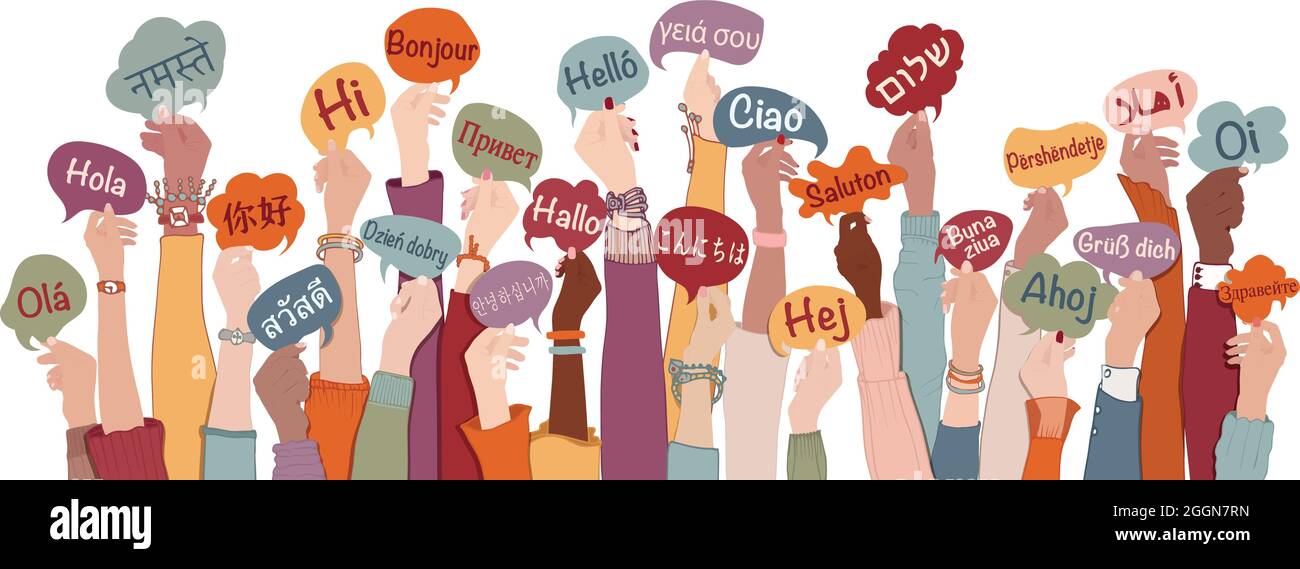 Many arms raised of diverse and multi-ethnic people holding speech bubbles with text -hallo- in various international languages. Diversity people.Talk Stock Vector