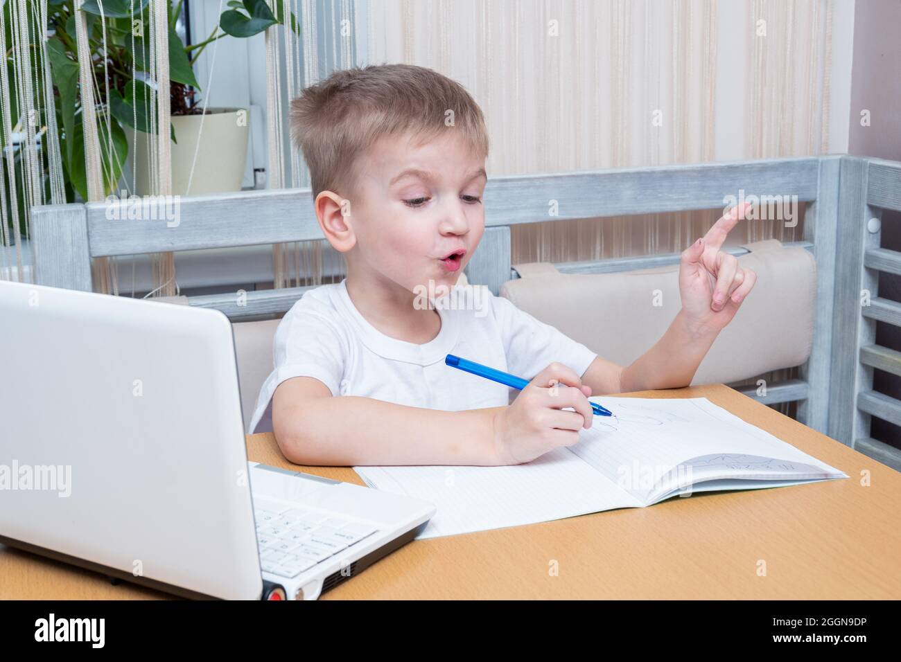 Child student is inspired by an idea. Little boy student writes homework in a notebook. The child raised his finger up. Great idea gesture. School dis Stock Photo