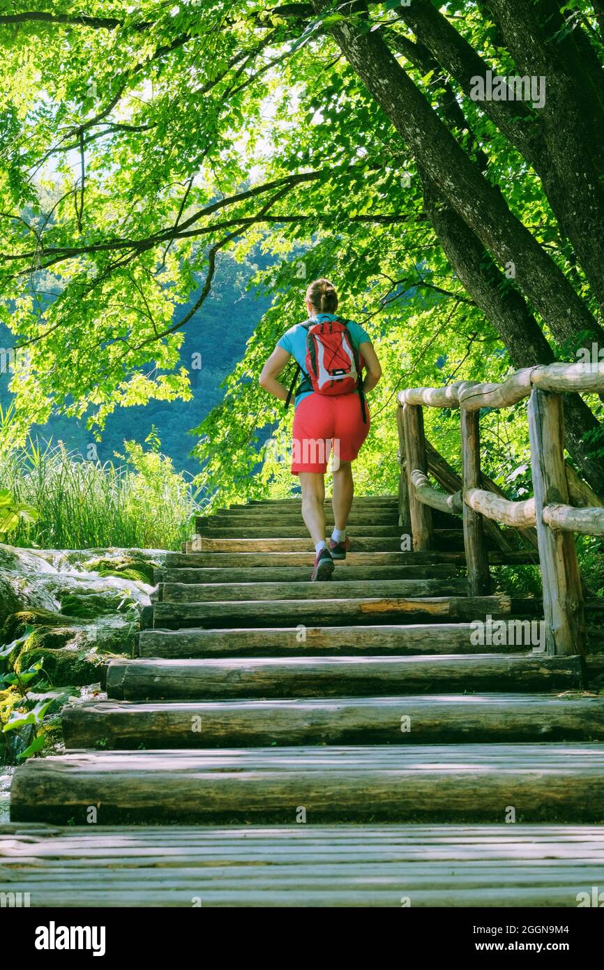 Traveler walking in nature in wooden pathway. Summer landscapes along green park in traveling journey. Walkway in hiking. Stock Photo