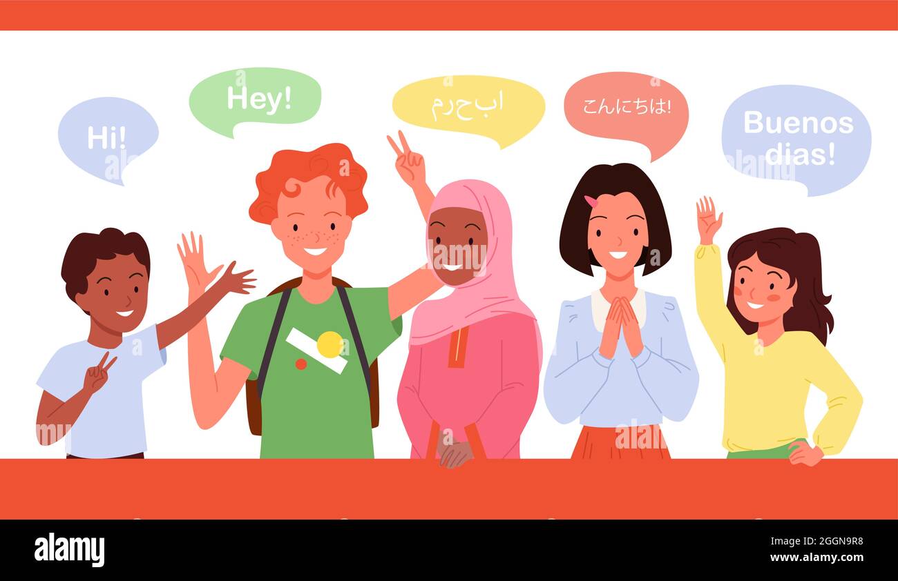 Children greeting, school kids say hi in different languages, cute students waving hand Stock Vector