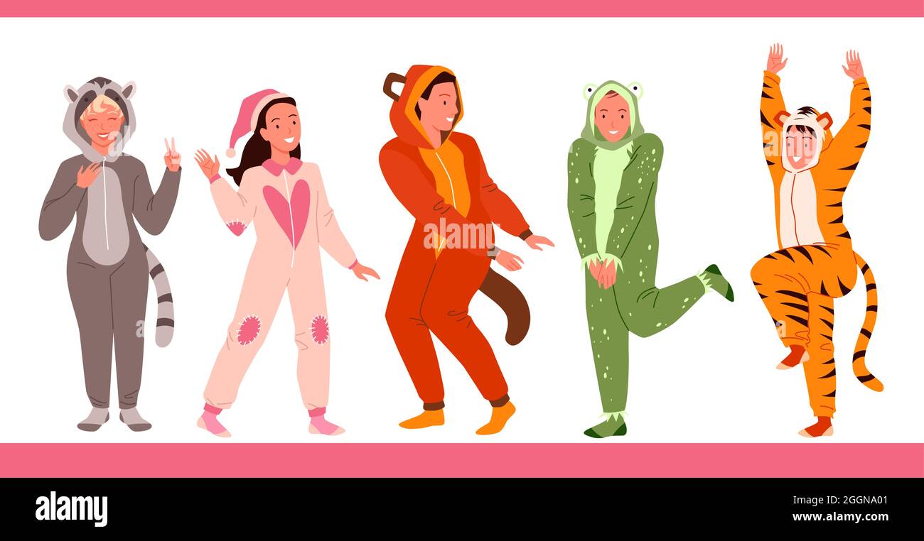 Cartoon young funny happy characters have fun, wearing cute animal pajamas  nightwear, jumping and dancing in sleepwear isolated on white. People Stock  Vector Image & Art - Alamy