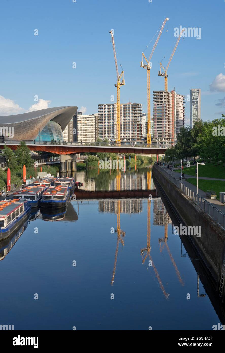 Eastbank development and new construction sites by the London Stadium and the Olympic Aquatic Centre around the Queen Elizabeth Olympic Park,London; E Stock Photo