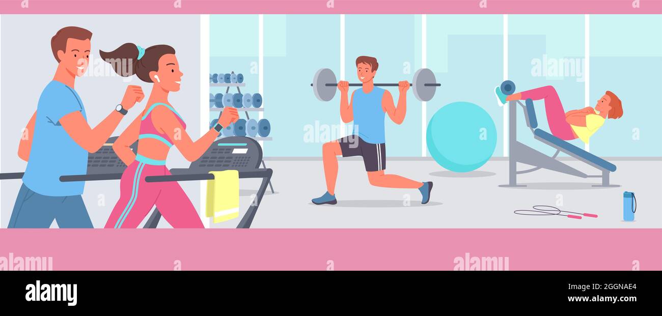 People doing sports workout in gym, young sportive woman man characters run on treadmill machine, bodybuilder training muscles in gymnasium interior Stock Vector