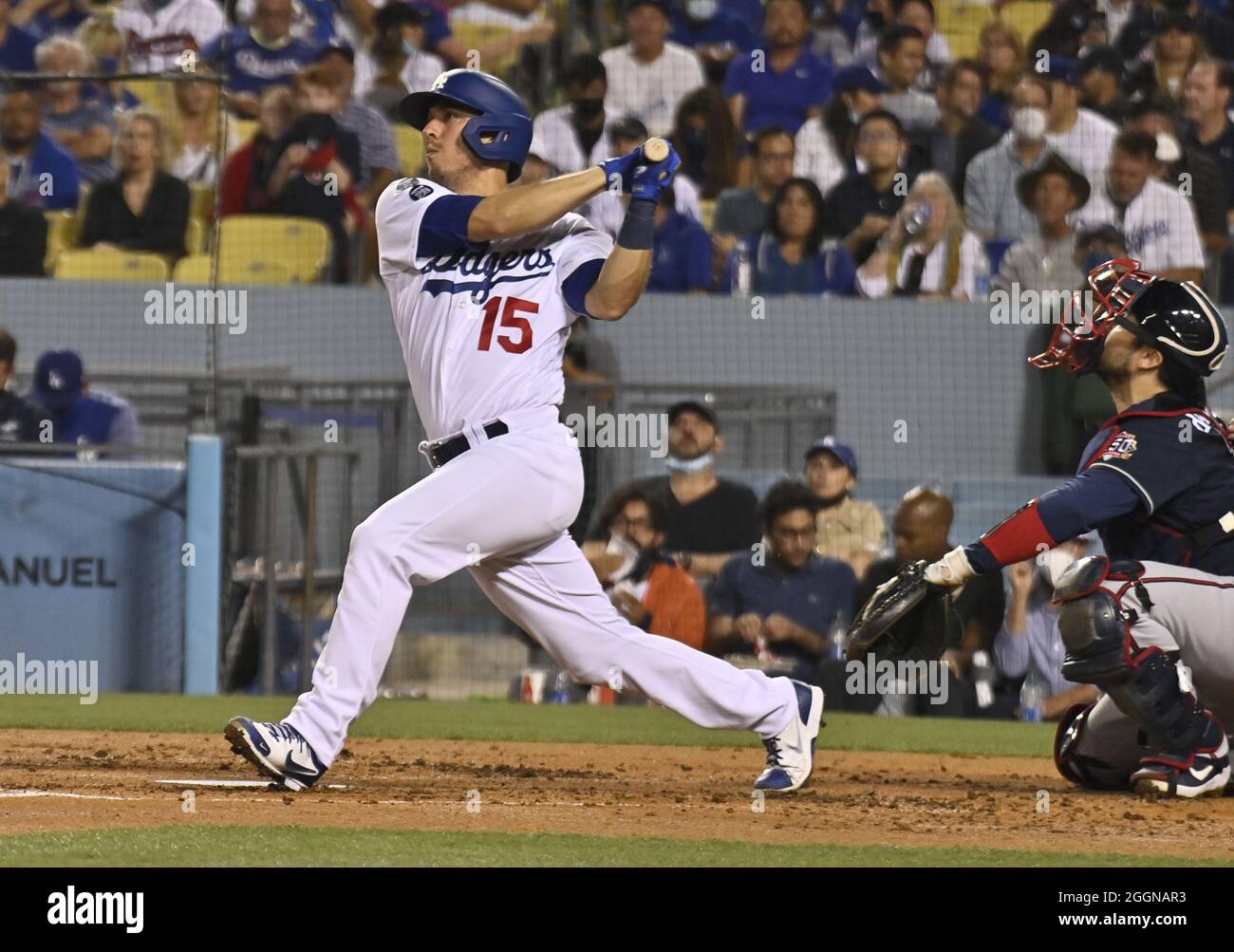 Los Angeles Dodgers' Austin Barnes hits a solo home run in the third inning off Atlanta Braves starting pitcher Max Fried at Dodger Stadium in Los Angeles on Wednesday, September 1, 2021.    Photo by Jim Ruymen/UPI Stock Photo